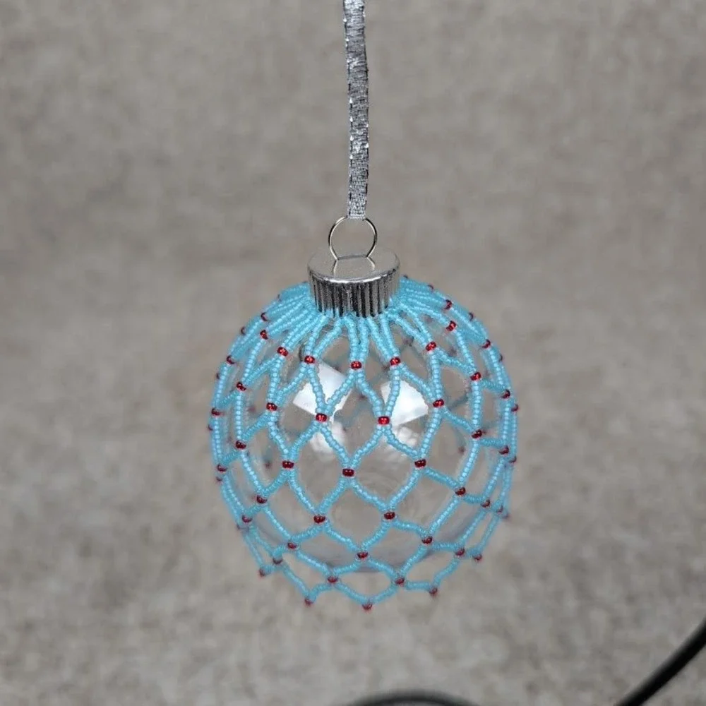 Handmade Beaded Christmas Ornament Blue‎ Red Clear Plastic Ball Holiday Decor